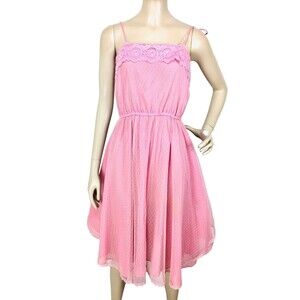 Vintage 70s Pink Tulle Lace Spaghetti Tie-Strap Spring Summer Dress Size XS/S/M